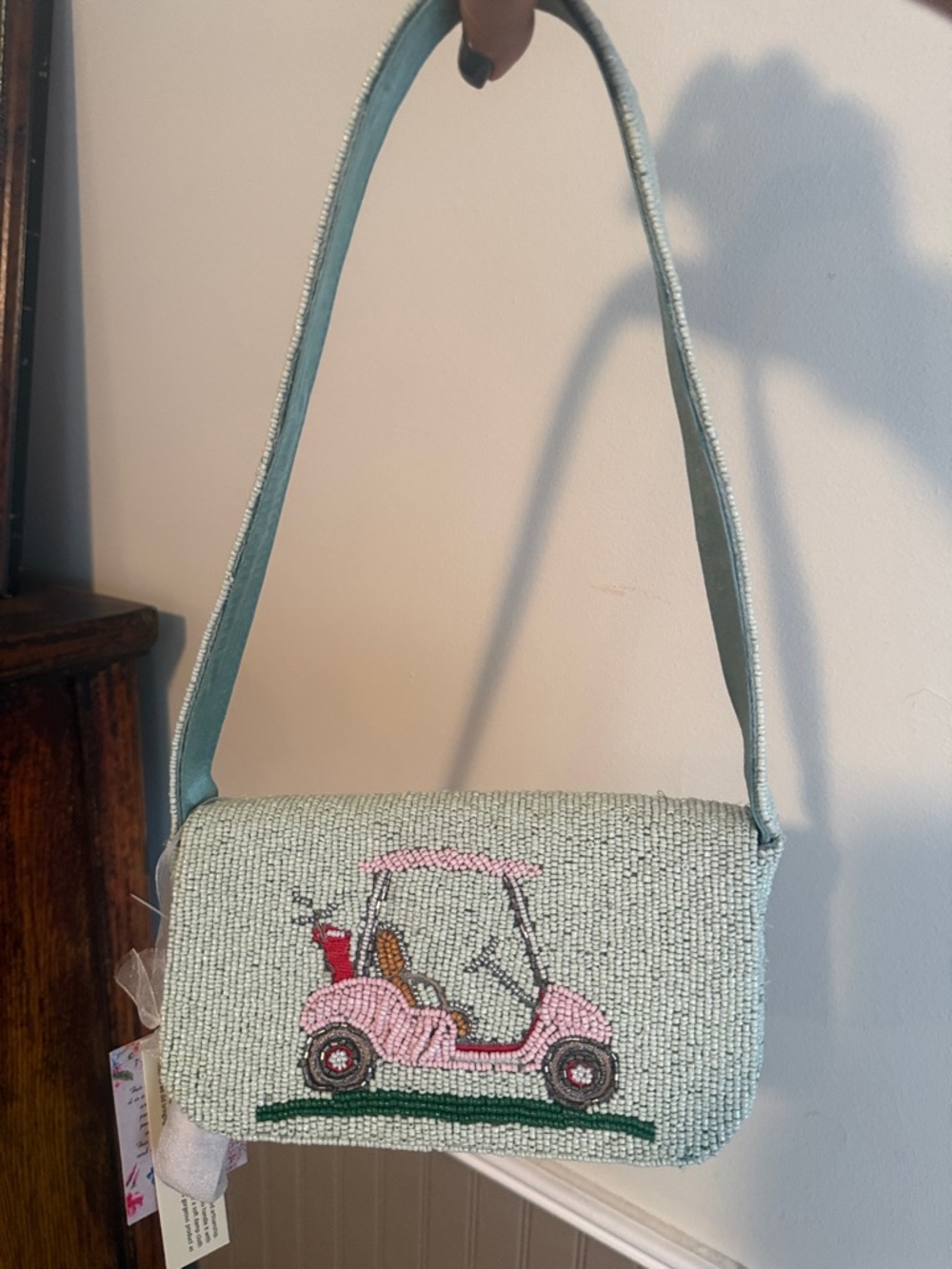 Beaded Mini Shoulder Bag with Pink Golf Cart Motif